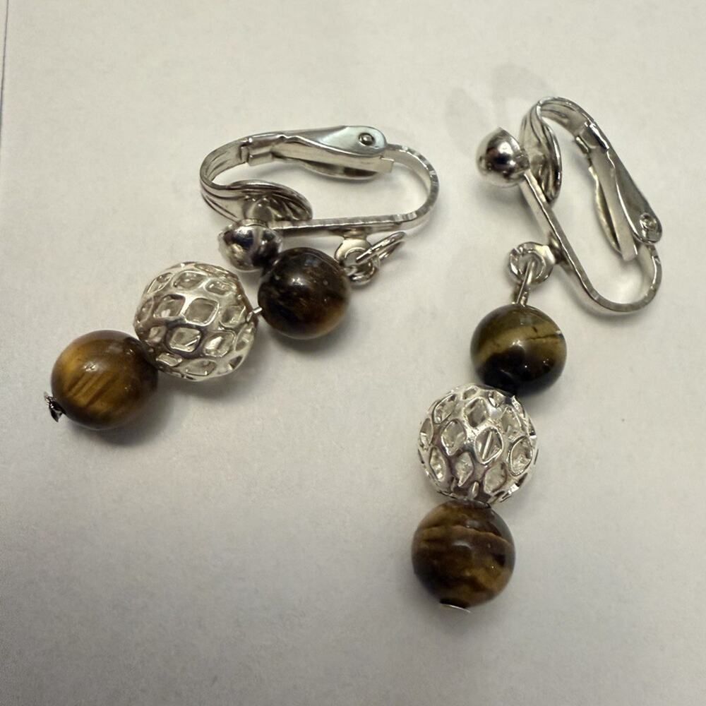 Tiger's Eye Round Bead Dangle/Drop Leverback Earrings Silver Tone Brown
